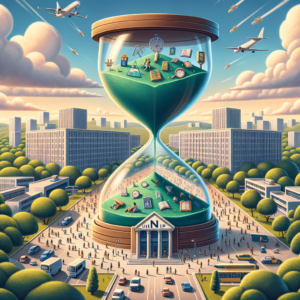 Surreal hourglass with financial symbols and airplanes over a busy city, symbolizing time and economy.