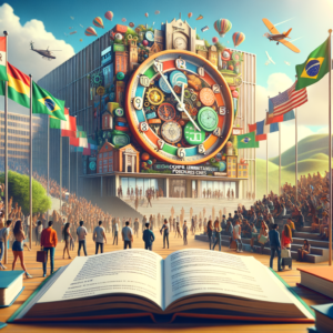 Colorful clock tower with international flags and an open book symbolizing global education and Horas Complementares na UNISA