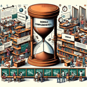 Illustration of an hourglass labeled "Horas Complementares" with students studying and tracking extra credit hours at Unopar.