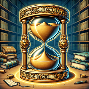 Golden hourglass with Latin inscription surrounded by books in a library, symbolizing time and learning.