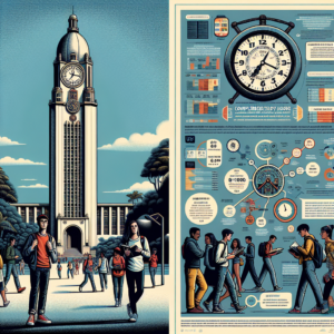 Illustration of USP clock tower with people walking and infographic about managing Horas Complementares na USP.