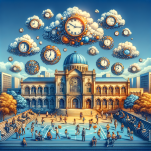 Surreal image of a historic USP building with floating clocks in the sky symbolizing passage of time and complementary hours.